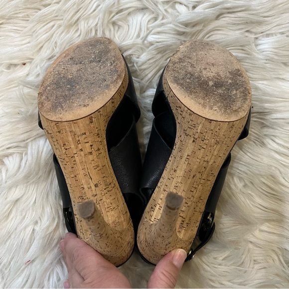 Via Spiga Black Leather Open Toe Cork Heel Onitta Sandals Women’s Size 6.5 - Picture 7 of 10